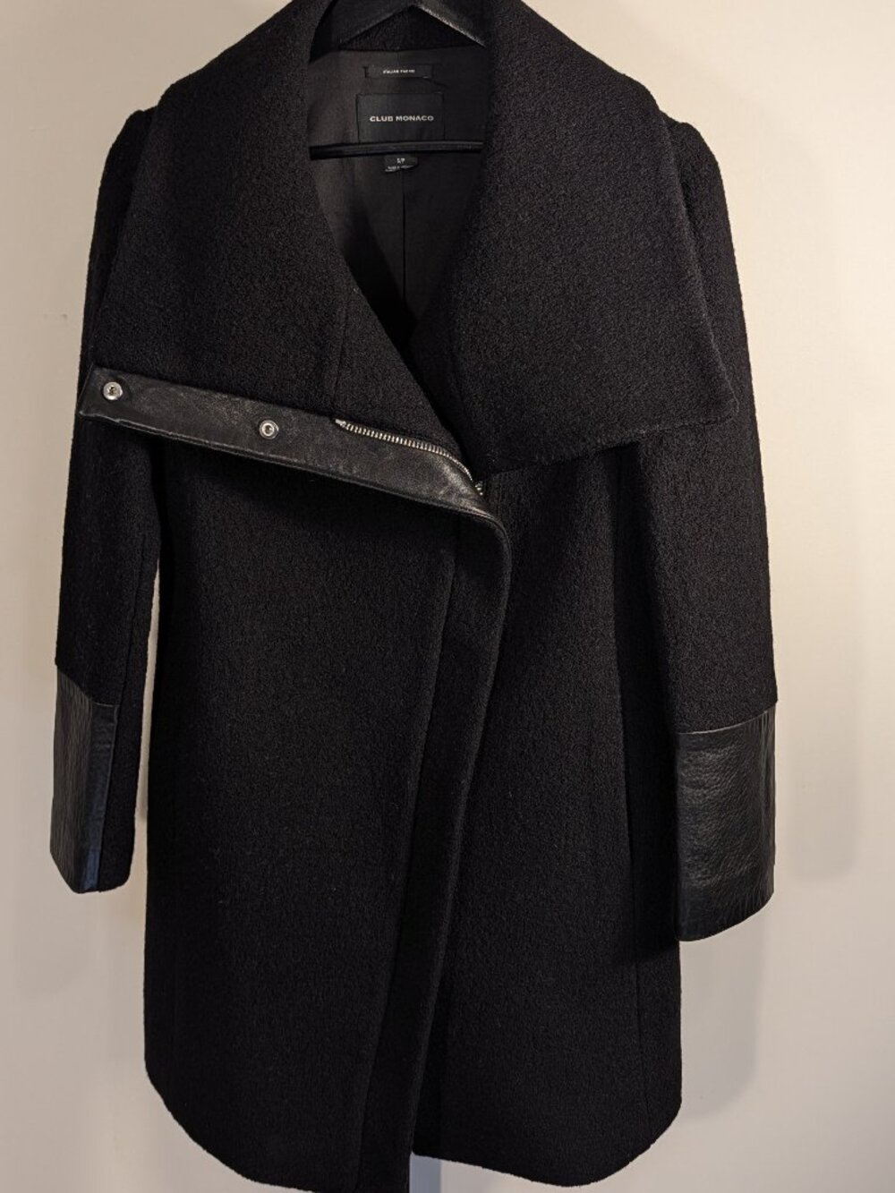 Club Monaco Halli Coat | 100% Wool & Lamb Leather | Asymmetrical Zip | Sz S